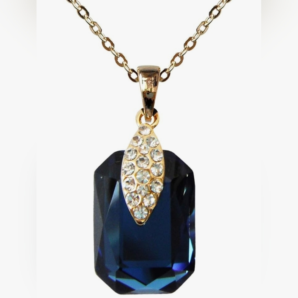 NIB 18k Gold Plated Crystal Zircon DARK SAPPHIRE BLUE NECKLACE W PENDANT NAVY